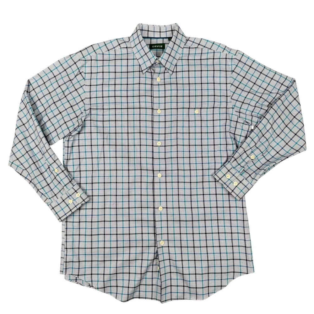 Orvis Button Down Shirt Mens L Wrinkle Free Blue White Plaid 100% Cotton